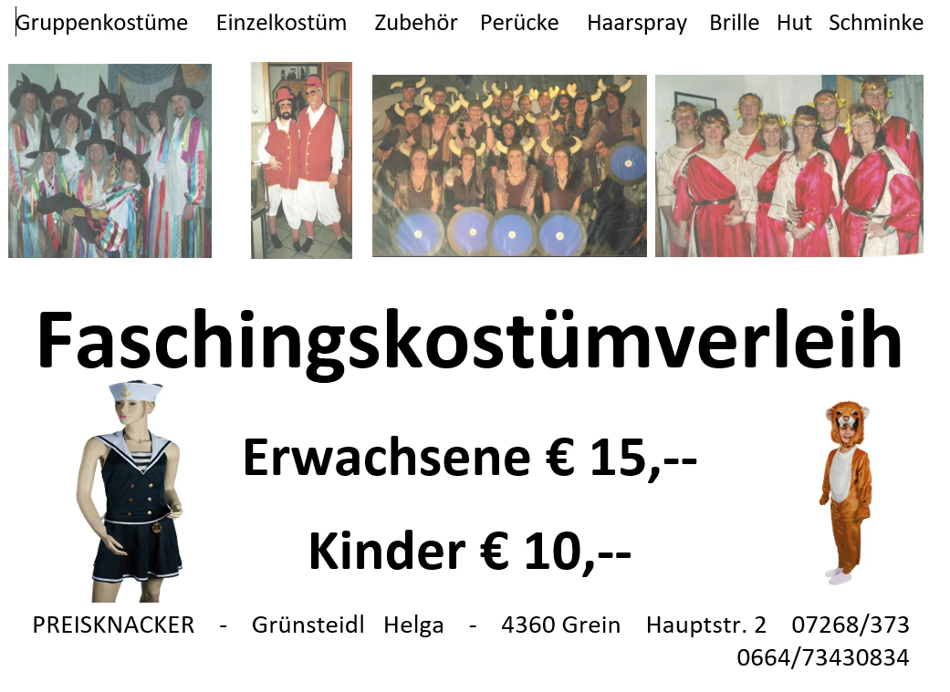 Faschingskostümverleih PREISKNACKER – Erwachsene 15 Euro, Kinder 10 Euro